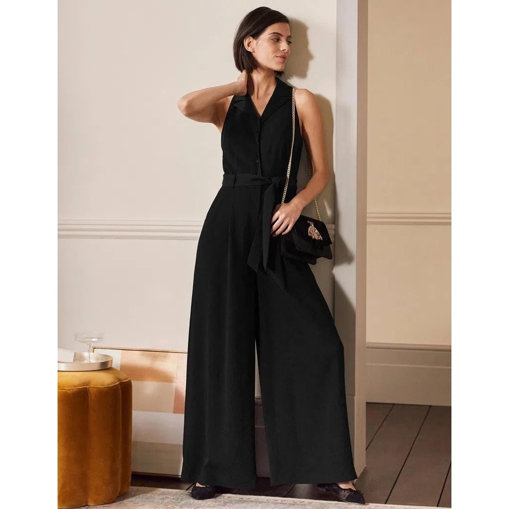 Boden Black Sleeveless Tuxedo Jumpsuit Wide Leg Belted US 6 UK 10